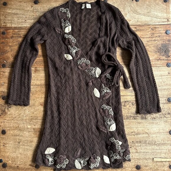 Anthropologie Moth Brown Floral Embroidery Pointelle Crochet Wrap Dress Women Sm - Picture 1 of 5